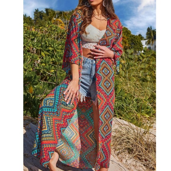 Boho Tribal Red Geometric Long Kimono 3/4 Sleeve - Picture 4 of 5